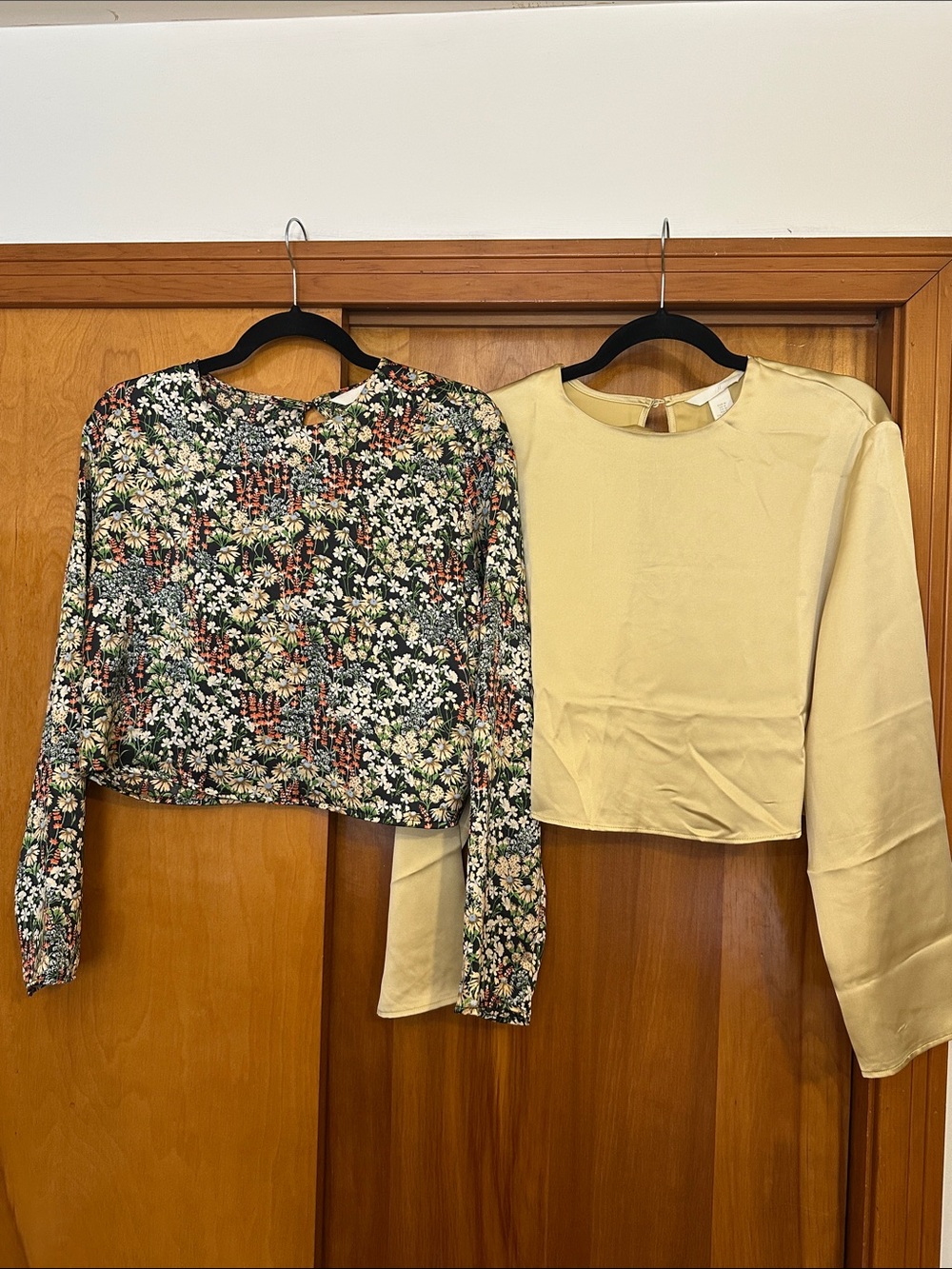 TWO H&M’s Women’s Butter Yellow and Black Floral Long-Sleeve Satin Crop Tops